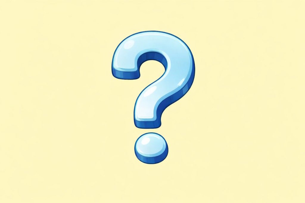Large blue question mark with surrounding yellow question marks, stars, exclamation marks, and speech bubbles over a blue sky with clouds and golden rays